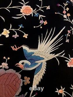 Antique Chinese Silk Hand Embroidered Piano Shawl Birds Butterflies Flowers