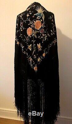 Antique Chinese Silk Hand Embroidered Piano Shawl Birds Butterflies Flowers