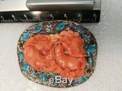 Antique Chinese Silver Filigree Brooch and Pendant Blue Enamel Coral