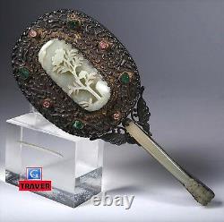 Antique Chinese Silver Hand Mirror with Nephrite Jade Tourmaline Jadeite Jade