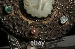 Antique Chinese Silver Hand Mirror with Nephrite Jade Tourmaline Jadeite Jade