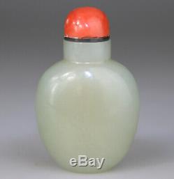 Antique Chinese Snuff Bottle White Celadon Jade Red Coral Top Qing 18th 19th