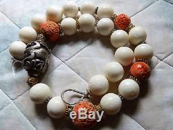 Antique Chinese Sterling Silver Turtle Bead Salmon and Fossil Coral Necklace