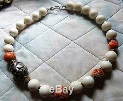 Antique Chinese Sterling Silver Turtle Bead Salmon and Fossil Coral Necklace