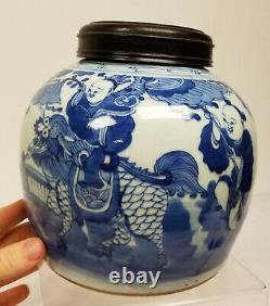 Antique Chinese Underglaze Blue and White Ginger Jar Boys Foo Dog