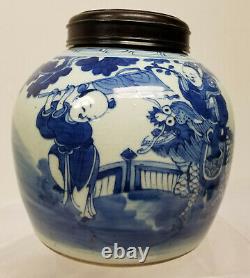 Antique Chinese Underglaze Blue and White Ginger Jar Boys Foo Dog