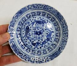 Antique Chinese Underglaze Blue and White Plate Dish Fish Kangxi Mark