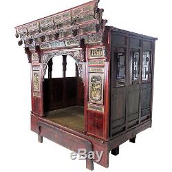 Antique Chinese Wedding Canopy Opium Bed Intricately Carved, Full Size