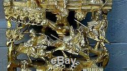 Antique Chinese Wood Carved Pierced Gilt Temple Panel Of Warriors On Horses