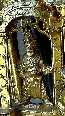 Antique Chinese Wood Carved Pierced Gilt Temple Panel Of Warriors On Horses