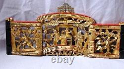 Antique Chinese Wood Hand Carved Gilt Pierced Plaque Of Court Scene In Palace