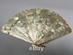 Antique Chinese for Export Brise Hand Carved MOTHER OF PEARL Hand Fan