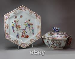 Antique Chinese hexagonal tureen cover and stand, Qianlong (1736-95)