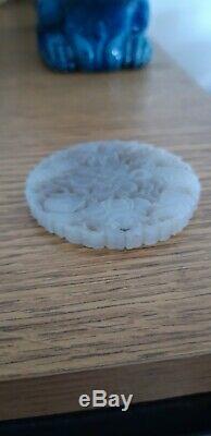 Antique Chinese pale celadon Jade circular plaque. Pendant on stand