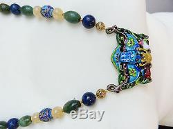 Antique Chinese silver enamel pendant-Chinese Mandarin Court beads-stone neckl