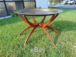 Antique Chinoiserie BRASS CHARGER Folding MAHOGANY COFFEE TABLE Chinese ASIAN