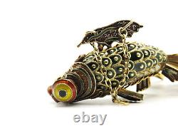 Antique Early 20th Century Chinese Vermeil Articulate Cloisonne Fish Pendant