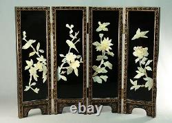 Antique FINE Chinese Lacquered Wood & Mother-of-Pearl Four-Panel Screen