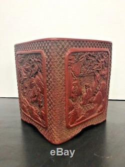 Antique Finely Carved Chinese Red Cinnabar Vessel With Signature Wood base