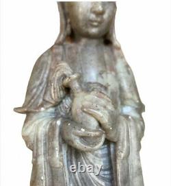Antique Guanyin Chinese Statue Soapstone Steatitz Goddess Jade Figurine Lotus