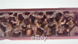 Antique Hand Carved Chinese Lacquer Gilt Wood Figures Sculpture Panel 19thC