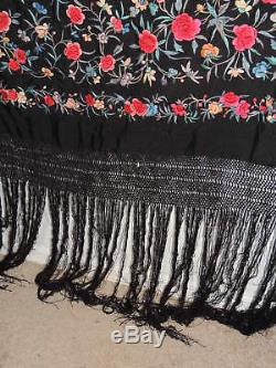 Antique Hand Embroidered Chinese Heavy Silk Colorful Piano Shawl w Fringe