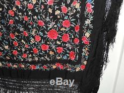 Antique Hand Embroidered Chinese Heavy Silk Colorful Piano Shawl w Fringe