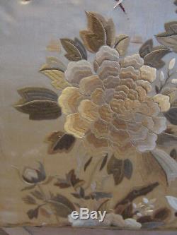 Antique Handmade large Framed Chinese Silk Tapestry Moths Birds Leaves & Flowers