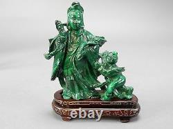 Antique Intricately Carved Chinese Malachite Stone Kwan Yin Statue with Base 4.5