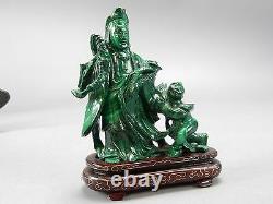 Antique Intricately Carved Chinese Malachite Stone Kwan Yin Statue with Base 4.5