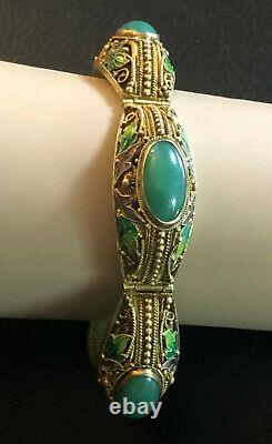 Antique Jade Bracelet Chinese Export Gold Sterling Silver Enamel 34g 925 #1176