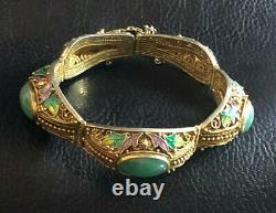 Antique Jade Bracelet Chinese Export Gold Sterling Silver Enamel 34g 925 #1176