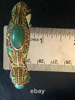 Antique Jade Bracelet Chinese Export Gold Sterling Silver Enamel 34g 925 #1176