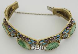 Antique Large Chinese Carved Jade & Enamel Bangle Bracelet Sterling Silver