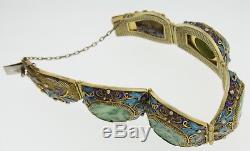 Antique Large Chinese Carved Jade & Enamel Bangle Bracelet Sterling Silver