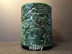 Antique Large Chinese Spinach Jade Brush Pot with Carvings, Qing (1644-1912)