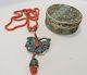 Antique Mandarin Court Chinese Kingfisher Pendant On Salmon-red Coral Necklace