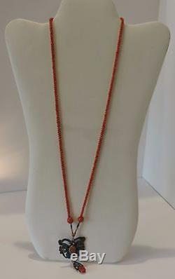 Antique Mandarin Court Chinese Kingfisher Pendant on Salmon-Red Coral Necklace