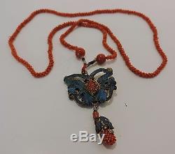 Antique Mandarin Court Chinese Kingfisher Pendant on Salmon-Red Coral Necklace