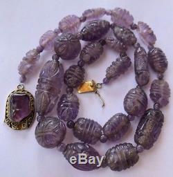 Antique Old Chinese Carved Amethyst Beads Filigree Gilt Silver Clasp Necklace