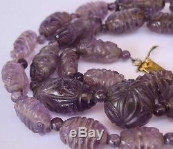 Antique Old Chinese Carved Amethyst Beads Filigree Gilt Silver Clasp Necklace