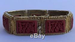 Antique Old Chinese Red Cinnabar Lacquer Gilt Silver Carved Panel Bracelet