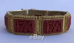 Antique Old Chinese Red Cinnabar Lacquer Gilt Silver Carved Panel Bracelet