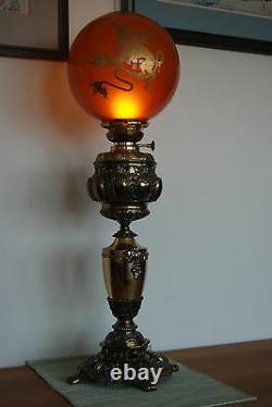 Antique Old Kerosene Oil Banquet Amber Glass Japanese Chinese Dragon Asian Lamp