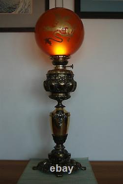 Antique Old Kerosene Oil Banquet Amber Glass Japanese Chinese Dragon Asian Lamp