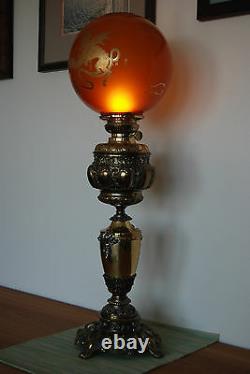 Antique Old Kerosene Oil Banquet Amber Glass Japanese Chinese Dragon Asian Lamp