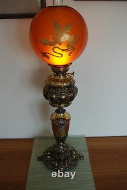 Antique Old Kerosene Oil Banquet Amber Glass Japanese Chinese Dragon Asian Lamp