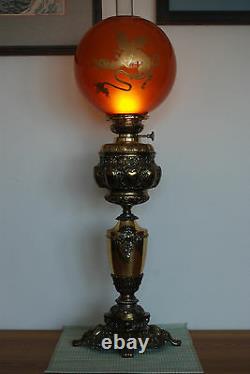 Antique Old Kerosene Oil Banquet Amber Glass Japanese Chinese Dragon Asian Lamp