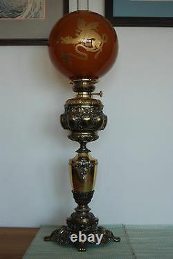 Antique Old Kerosene Oil Banquet Amber Glass Japanese Chinese Dragon Asian Lamp