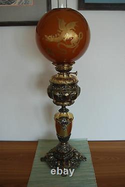 Antique Old Kerosene Oil Banquet Amber Glass Japanese Chinese Dragon Asian Lamp